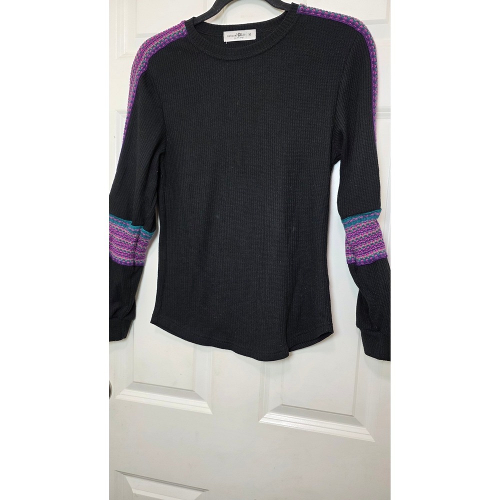 Natural Life Thermal Top Women Medium Black Waffle Knit Purple Teal Accents